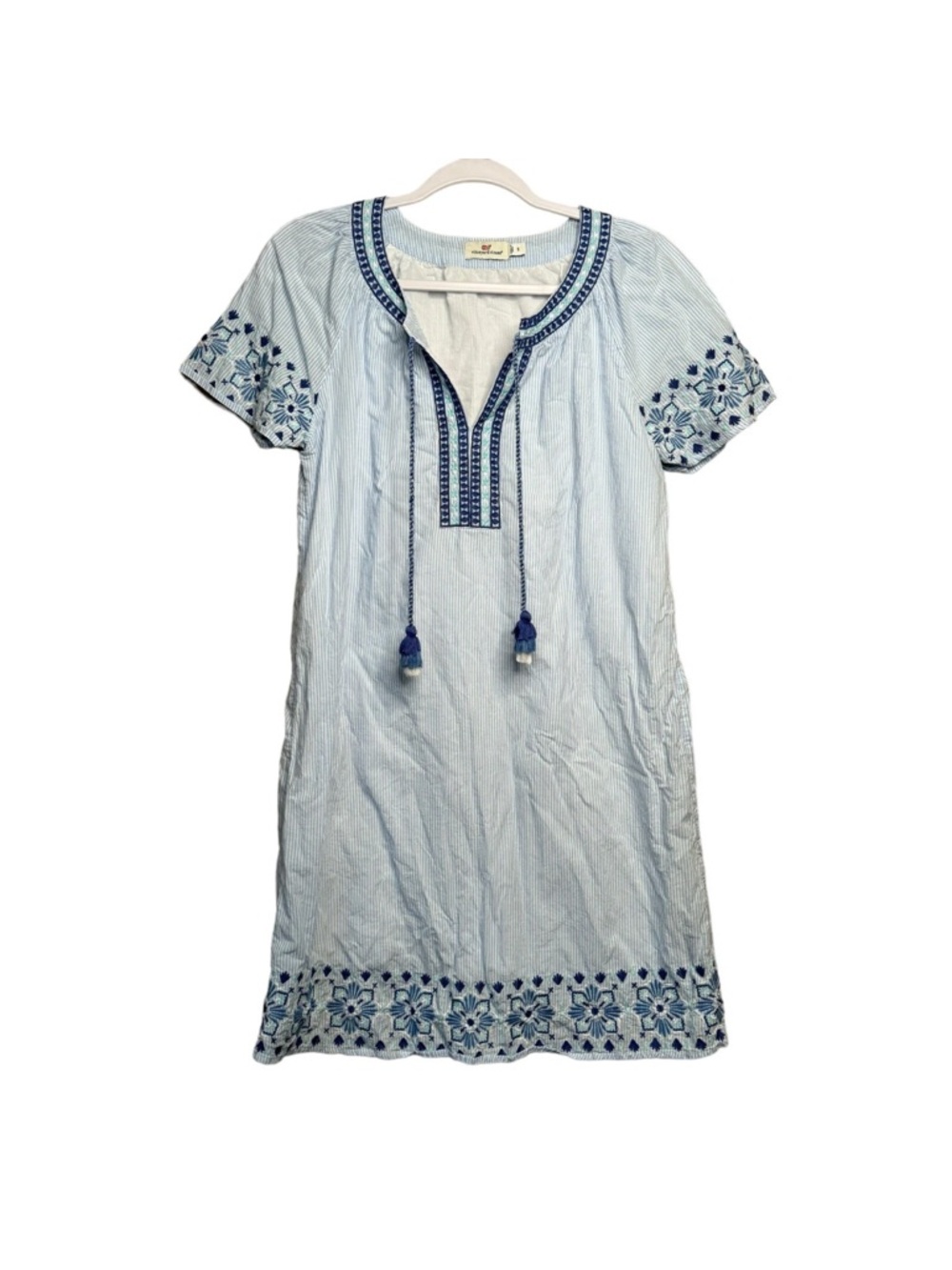 VINEYARD VINES SEA SPRAY STRIPE & TASSEL EMBROIDERED DRESS HYDRANGEA S